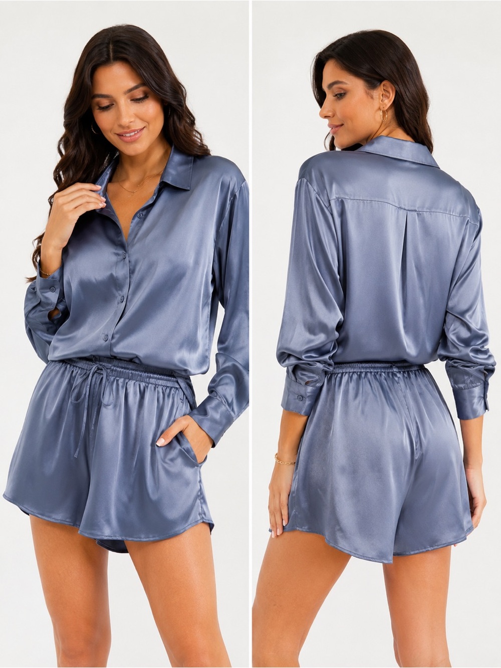 Mystree Blue Satin Lounge Set Button Down Shirt Shorts NWT Medium oversized